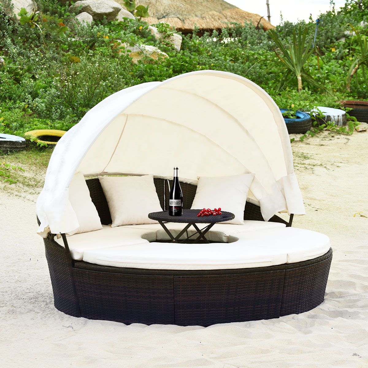 Round Outdoor Garden Bed Modular & Convertible Liftable Table - Adjustable PE Rattan Sun Shade Cushions Included Beige -