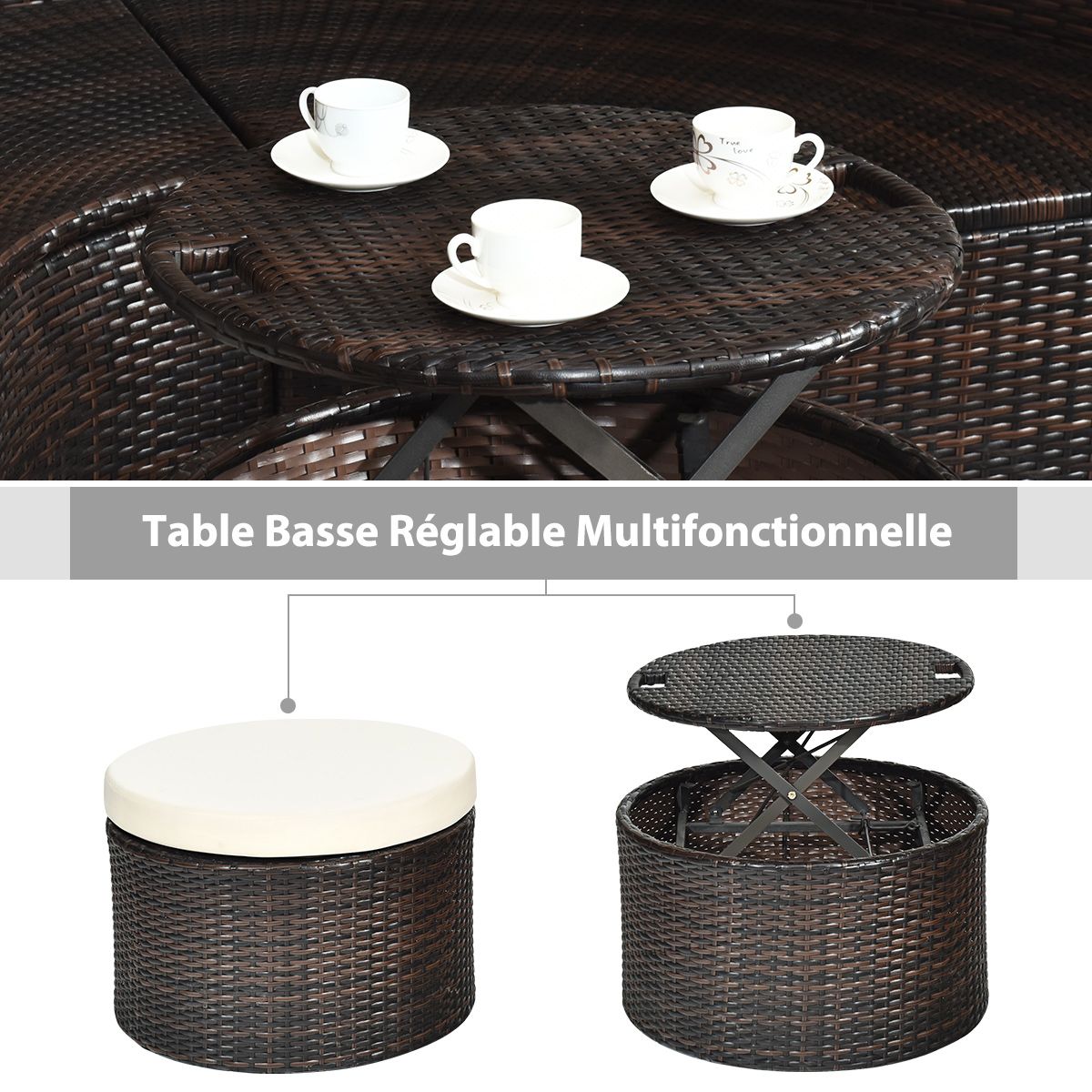 Round Outdoor Garden Bed Modular & Convertible Liftable Table - Adjustable PE Rattan Sun Shade Cushions Included Beige -