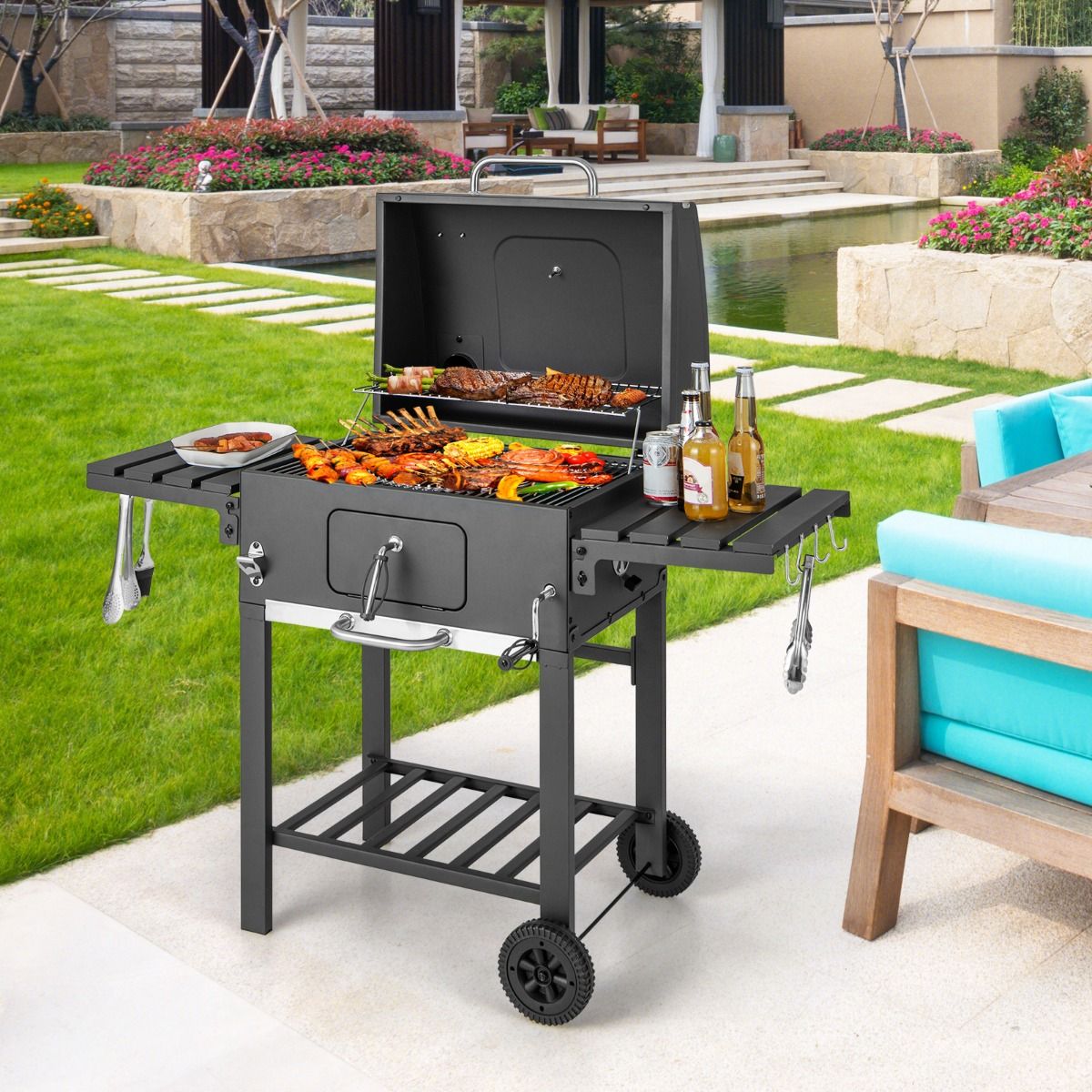 Portable Charcoal Barbecue with 2 Side Tables Black -
