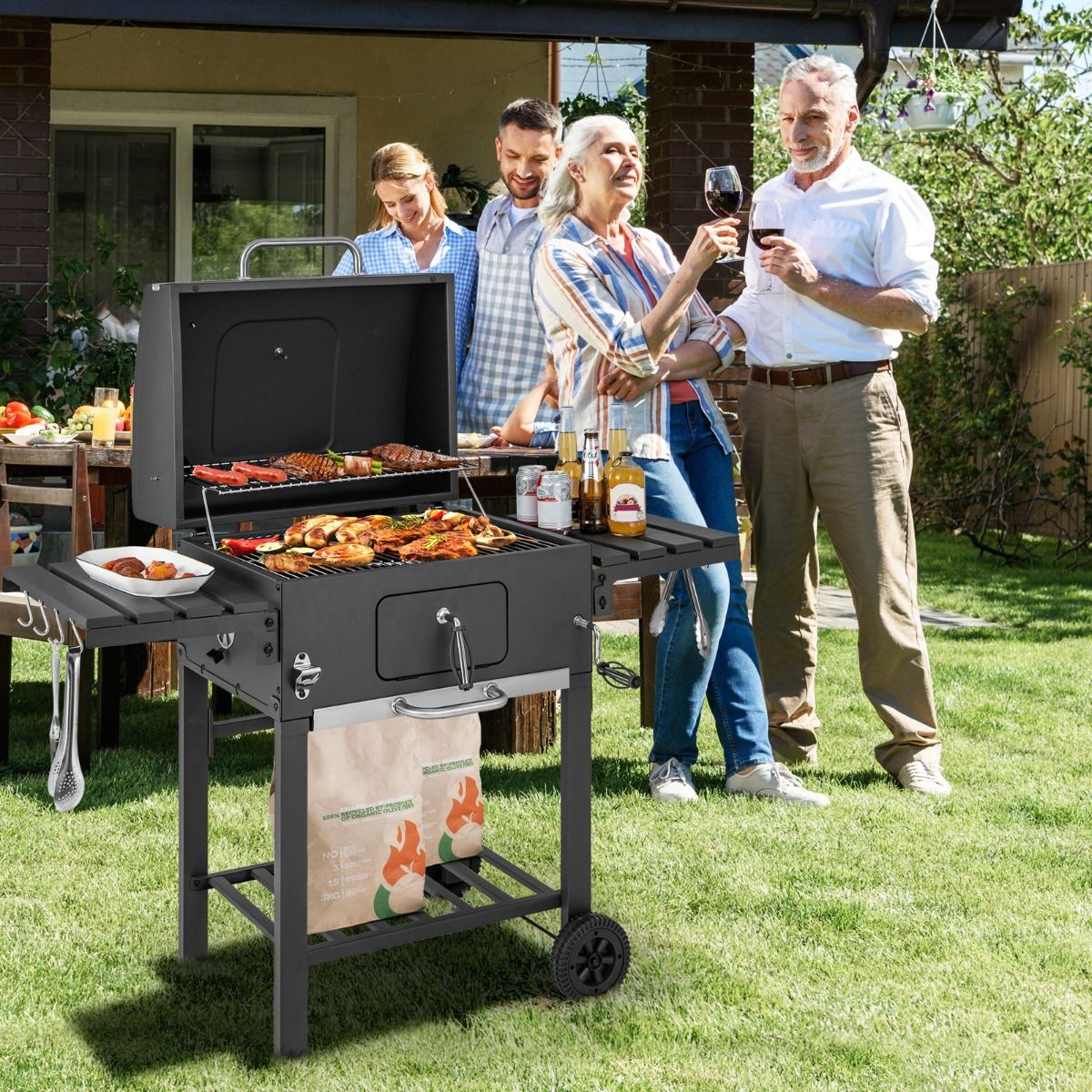 Portable Charcoal Barbecue with 2 Side Tables Black -
