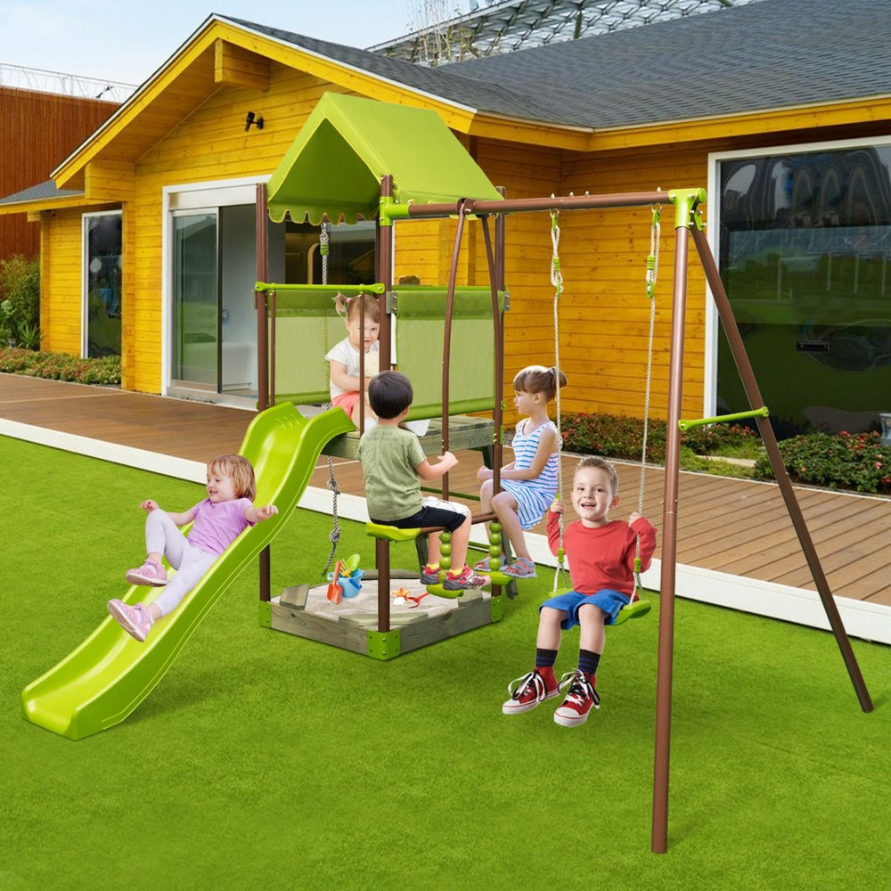 7-in-1 Swing Metal Playground with Covered Fort Height Adjustable Climbing Rope Sandbox Slider Corrugated Slide Green