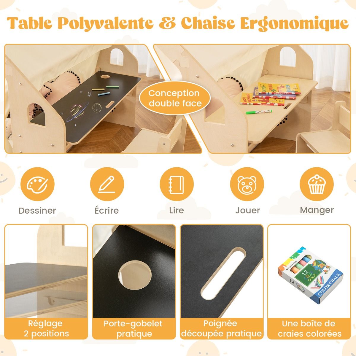 Children's Wooden Indoor Play Tent 6 in 1 Blackboard Table Chair 6 Storage Bins Floor Cushion Playhouse for 2-6 Years Old Beige -