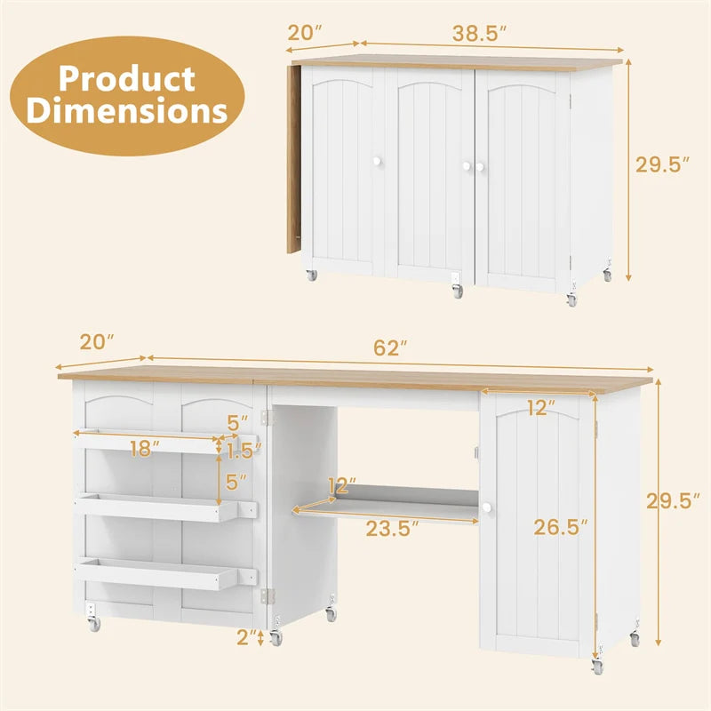 62.5" Folding Sewing Table Rolling Craft Station with Storage Cabinet & Shelves - Product image 24