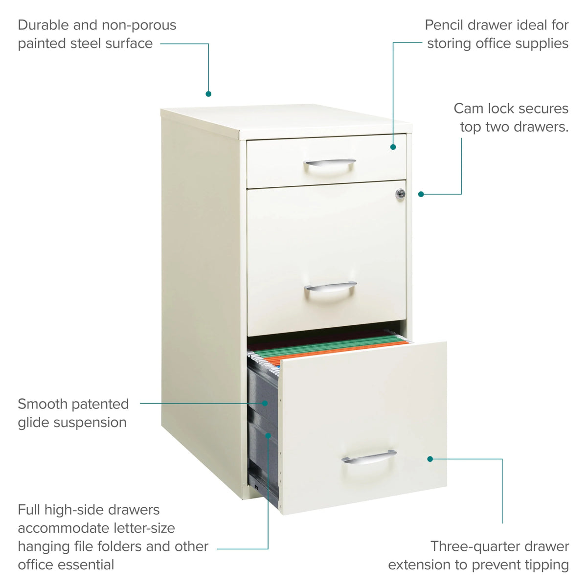 Space Solutions 3 Drawer Letter Width Vertical File Cabinet with Pencil Drawer, White - Product image 8