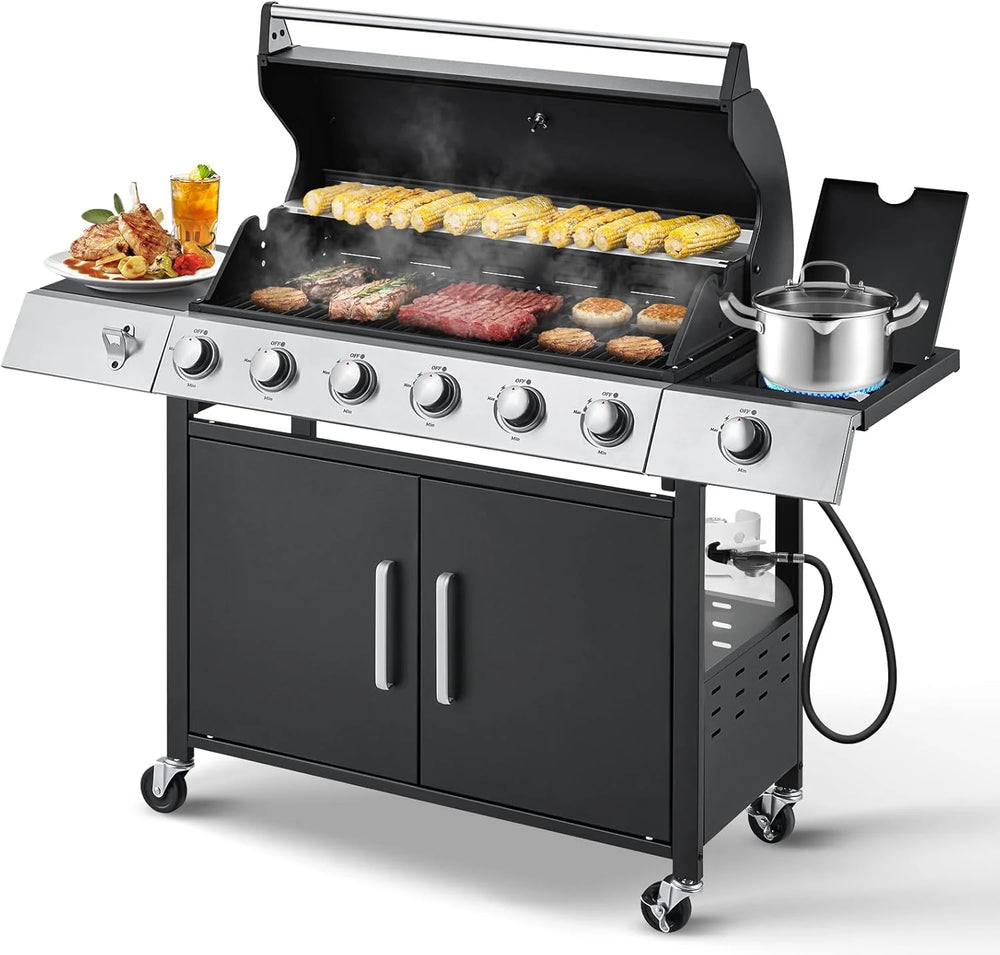 Upgraded 4 Burner BBQ Propane Gas Grill with Cast Iron Grates & Side Stove, 44, 000 BTU Stainless Steel Burner Barbecue Grill for Patio