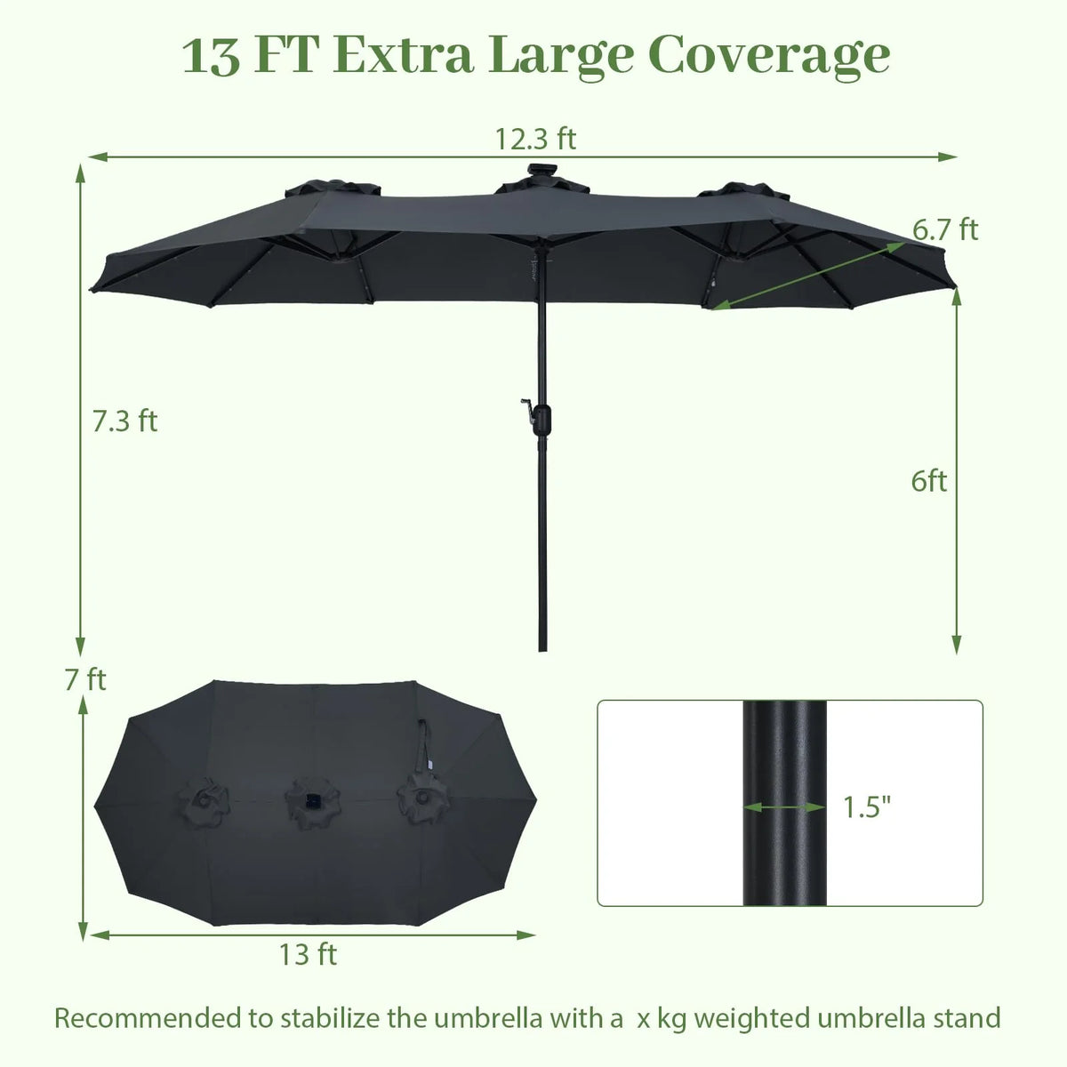 Tangkula 13 Ft Solar Patio Umbrella 36 LED Lights Crank Handle 12 Sturdy Ribs - Product image 6
