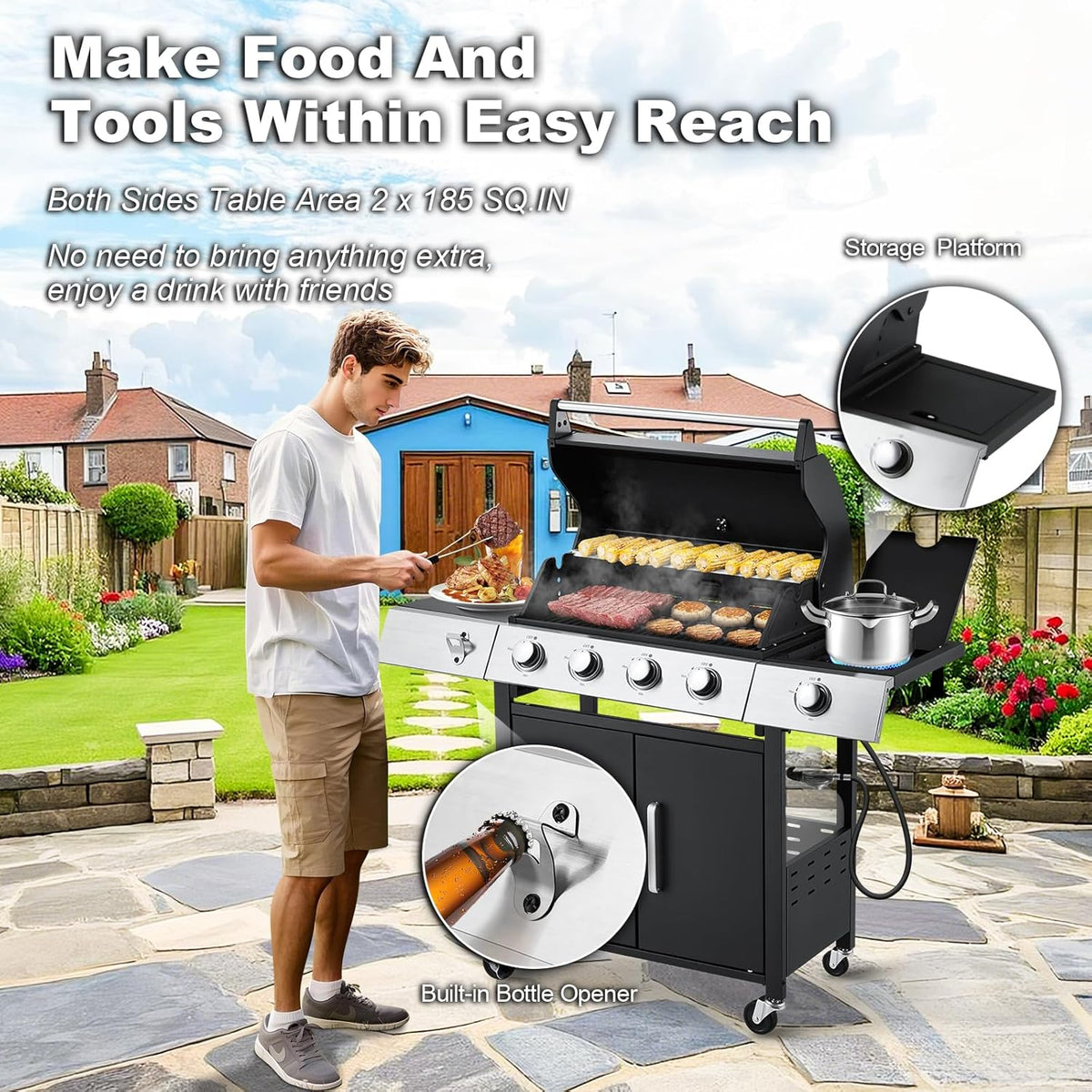 Upgraded 4 Burner BBQ Propane Gas Grill with Cast Iron Grates & Side Stove, 44 - Product image 56