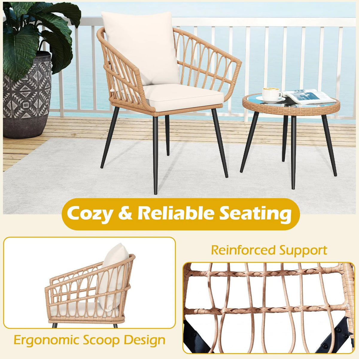 Tangkula 3 Piece Patio Bistro Set with Metal Frame for Balcony