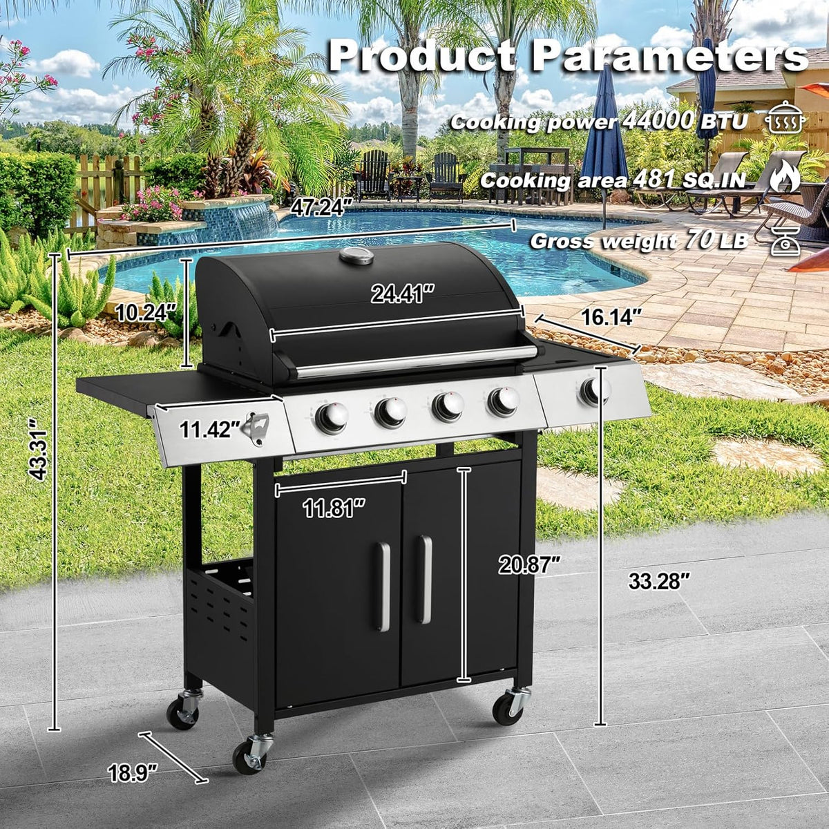 Upgraded 4 Burner BBQ Propane Gas Grill with Cast Iron Grates & Side Stove, 44 - Product image 52
