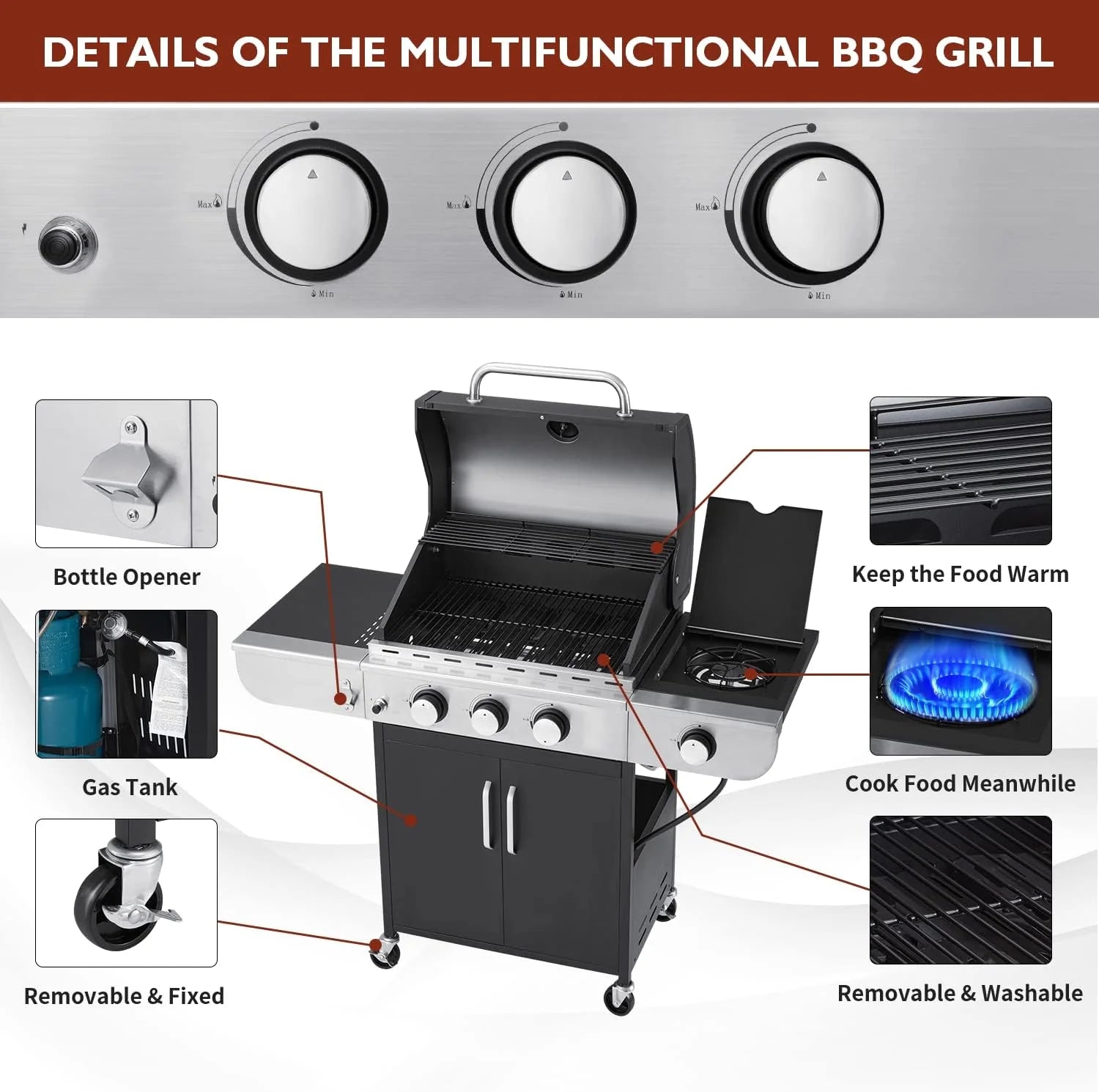 Upgraded 4 Burner BBQ Propane Gas Grill with Cast Iron Grates & Side Stove, 44 - Product image 32