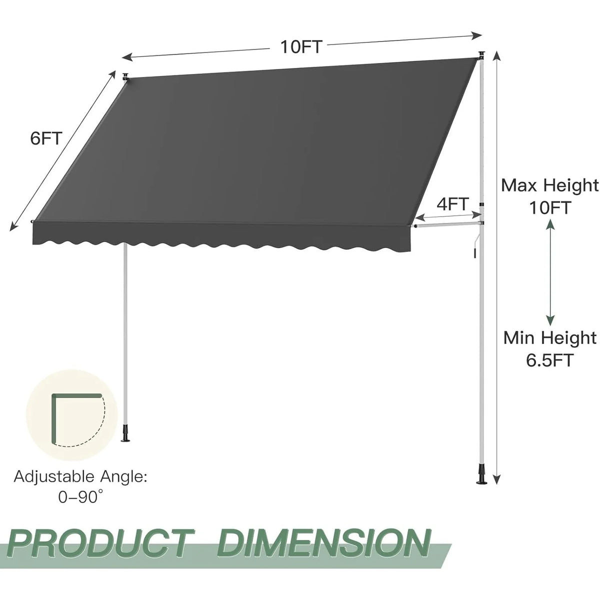 AECOJOY Manual Retractable Awning, 118" Non-Screw Outdoor Patio Awning, Dark Grey