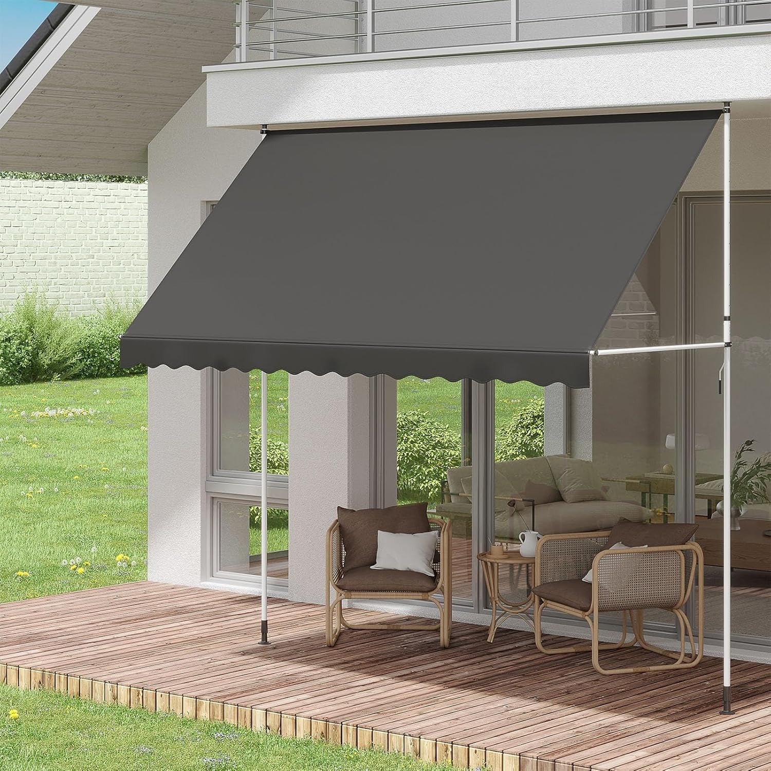 AECOJOY Manual Retractable Awning, 118" Non-Screw Outdoor Patio Awning, Dark Grey